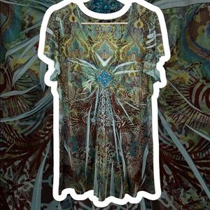 Turquoise and Green Floral Blouse Size XL